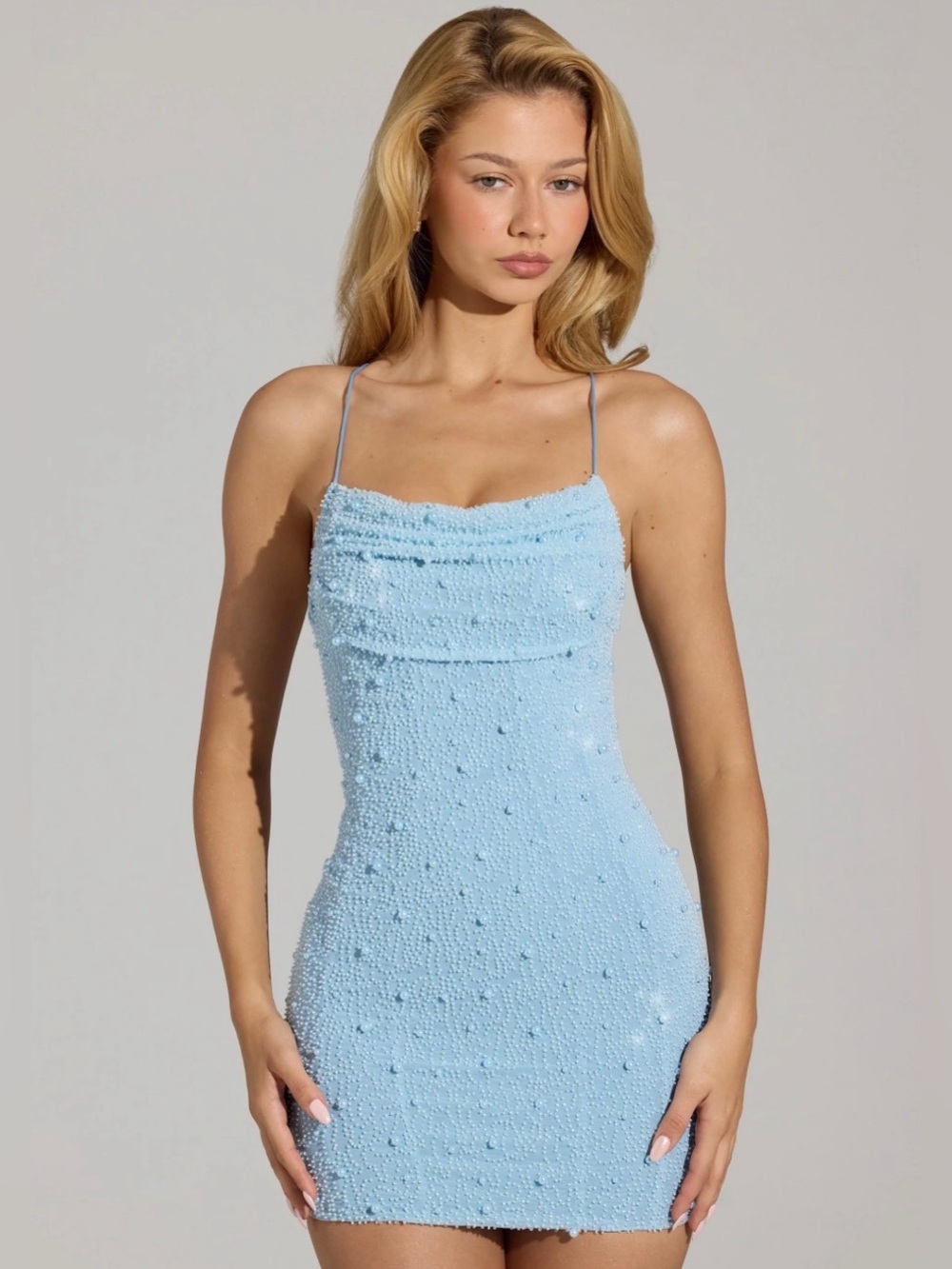 Oh Polly Light Blue Beaded Pearl Cowl Neck Mini Dress Open Back Size 6